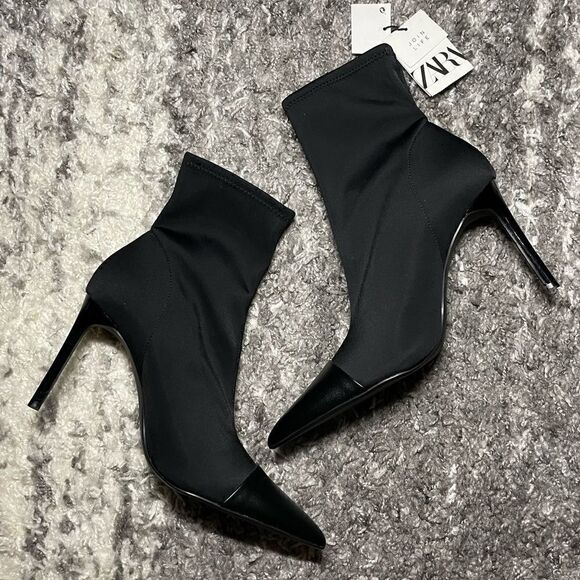 NWT Zara Pointed Fabric Heeled Ankle Boots - Picture 1 of 11